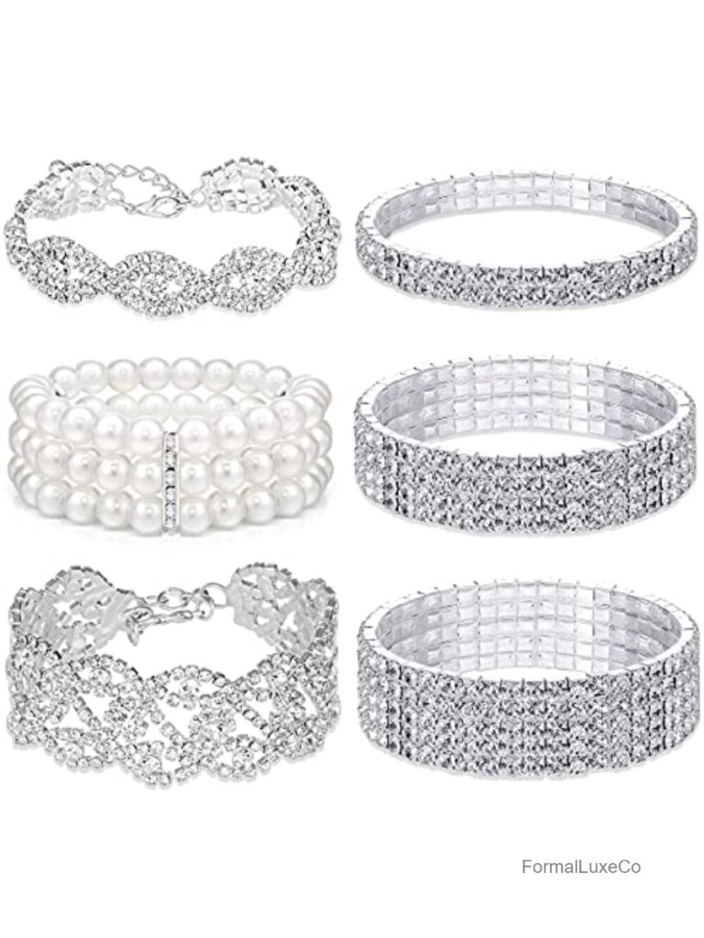 6pcs Multi-Layer Rhinestone Crystal Stretch Bracelet Set Wedding Bridal